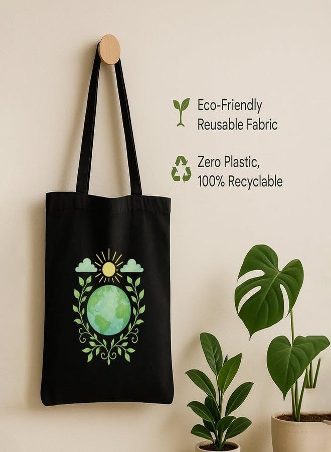 Megrok Radiant Globe Tote Bag for Women | Front A4 Size Printed Pocket | 16x14 Inch Earth Design Cotton Bag | Environmental Awareness Bag - Image 5