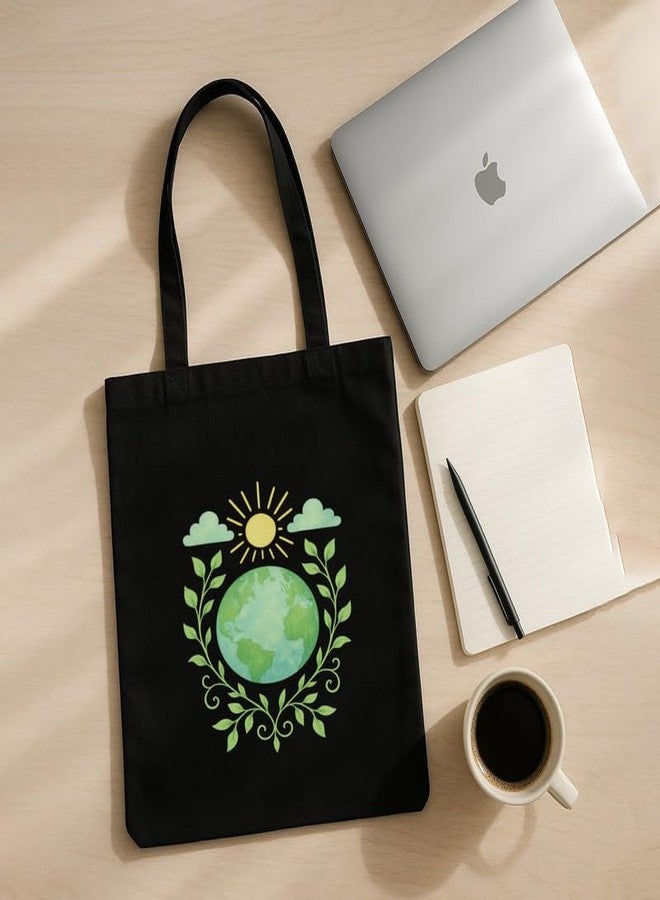 Megrok Radiant Globe Tote Bag for Women | Front A4 Size Printed Pocket | 16x14 Inch Earth Design Cotton Bag | Environmental Awareness Bag - Image 3