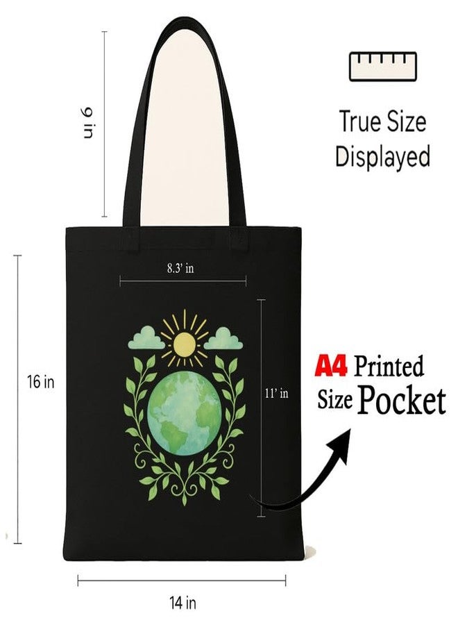 Megrok Radiant Globe Tote Bag for Women | Front A4 Size Printed Pocket | 16x14 Inch Earth Design Cotton Bag | Environmental Awareness Bag - Image 2