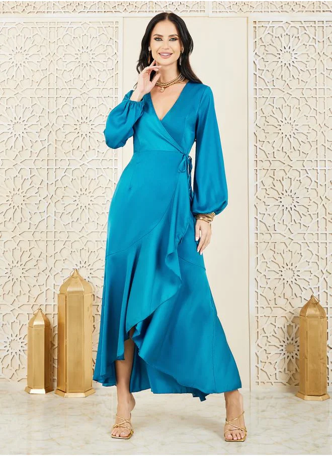 ستايلي Satin Frill Hem Wrap Maxi Dress with Tie-Up