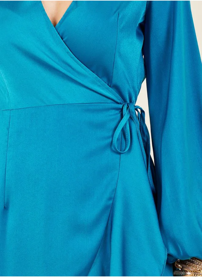 Styli Satin Frill Hem Wrap Maxi Dress with Tie-Up