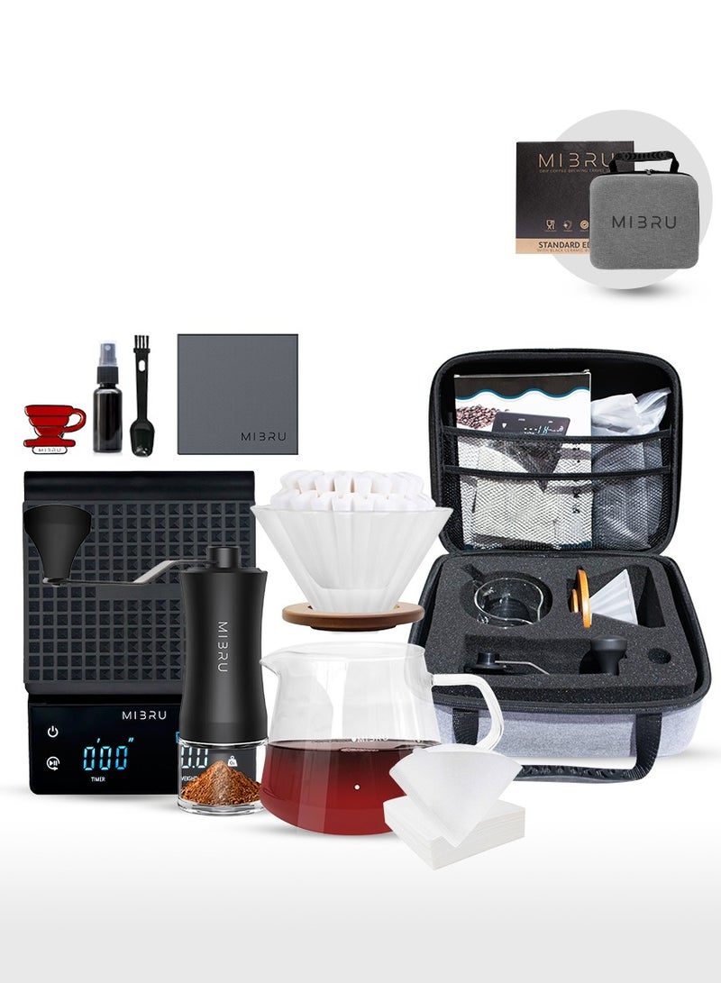 MIBRU V60 Pour Over Premium Drip Coffee Maker Set, 11-Piece Coffee Maker Set, Specialty Coffee Bag, Manual Coffee Grinder, Coffee Scale, 350ml Small Glass Serving Pot, Brooch Pin, Coffee Bean Sprinkler, Barista Towel, Coffee Spoon, 0.1 Paper Coffee Filter, 0.1 Coffee Dripper, Coffee Maker, Curved Coffee Filter for Kalita, Specialty Coffee Kit, Specialty Coffee Tools, Coffee Maker, Coffee Cup, Coffee Cleaning Kit, Pour-Over Coffee Maker Accessories  - Image 1
