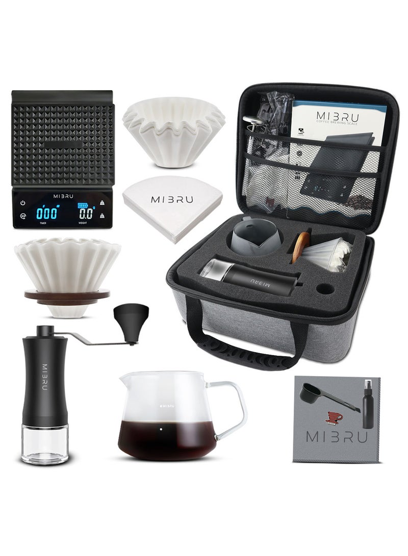 MIBRU V60 Pour Over Premium Drip Coffee Maker Set, 11-Piece Coffee Maker Set, Specialty Coffee Bag, Manual Coffee Grinder, Coffee Scale, 350ml Small Glass Serving Pot, Brooch Pin, Coffee Bean Sprinkler, Barista Towel, Coffee Spoon, 0.1 Paper Coffee Filter, 0.1 Coffee Dripper, Coffee Maker, Curved Coffee Filter for Kalita, Specialty Coffee Kit, Specialty Coffee Tools, Coffee Maker, Coffee Cup, Coffee Cleaning Kit, Pour-Over Coffee Maker Accessories  - Image 2