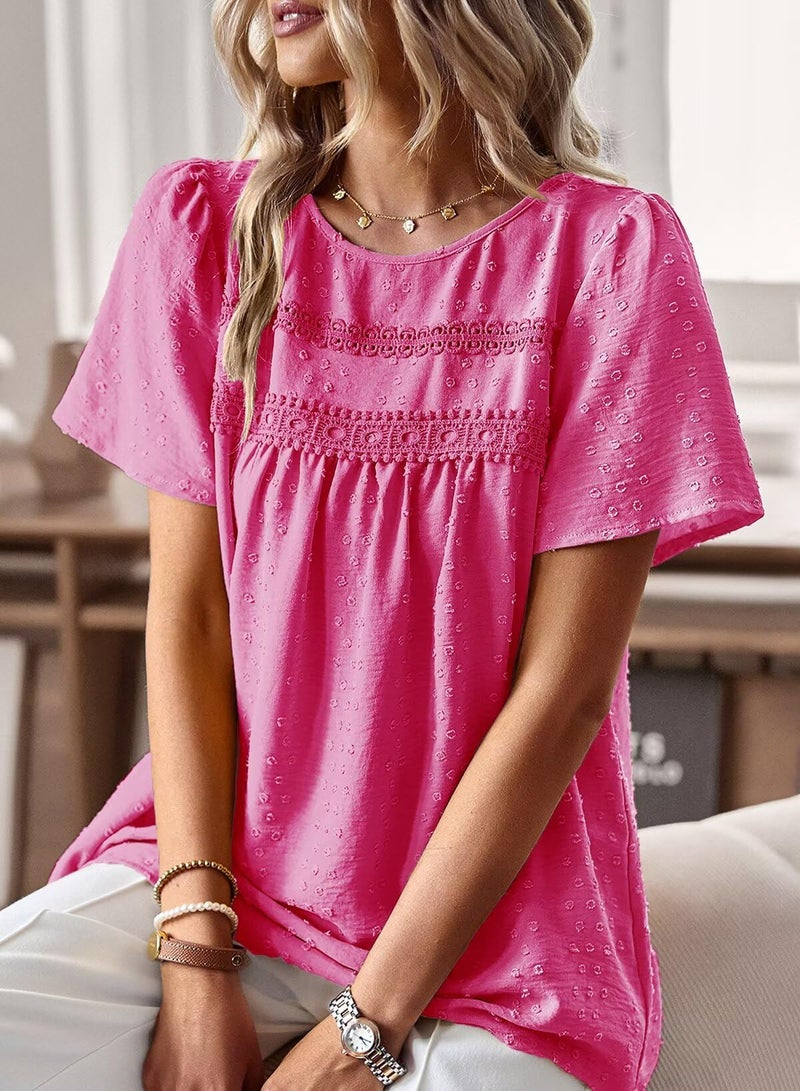 Falechay Summer Tops for Women 2026 Cute Hot Pink Blouse Bohemian Solid Crewneck Lace Hem Flowy Tunic Short Sleeve Girls XXL - Image 2