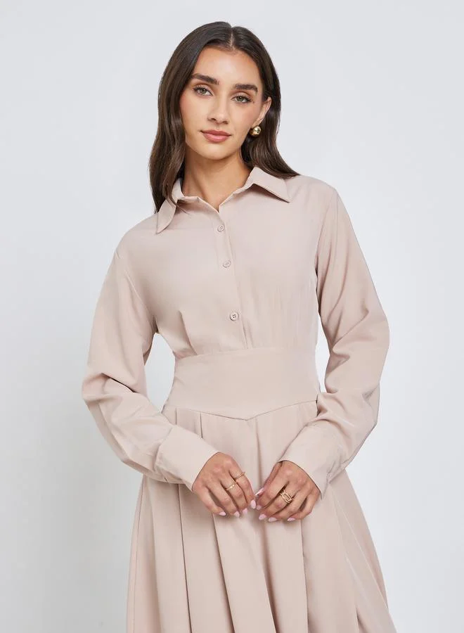 Styli Beige Shirt Maxi Dress with Fold Pleat