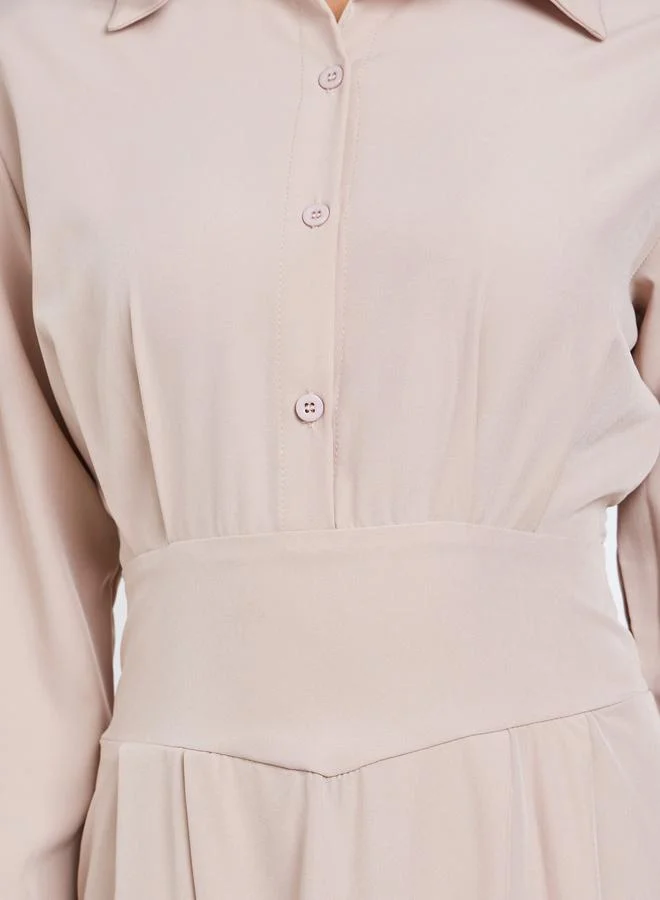 Styli Beige Shirt Maxi Dress with Fold Pleat