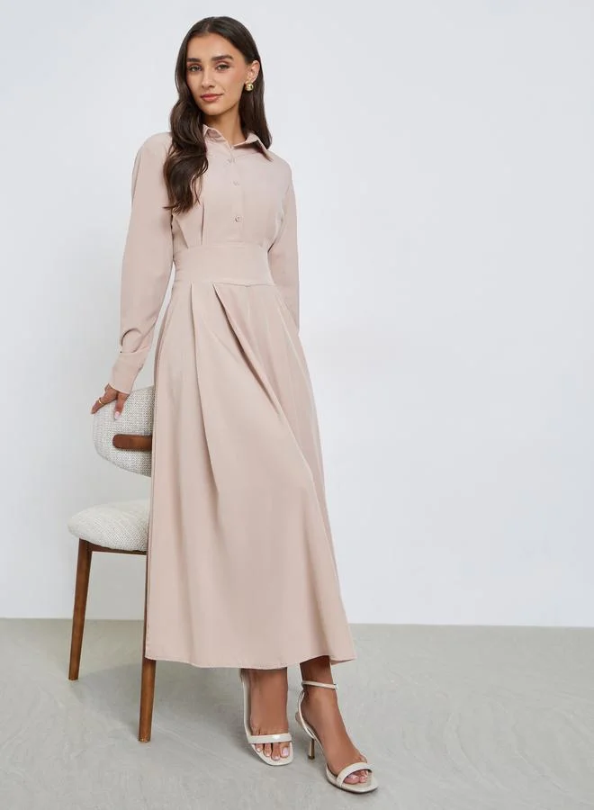 Beige Shirt Maxi Dress with Fold Pleat