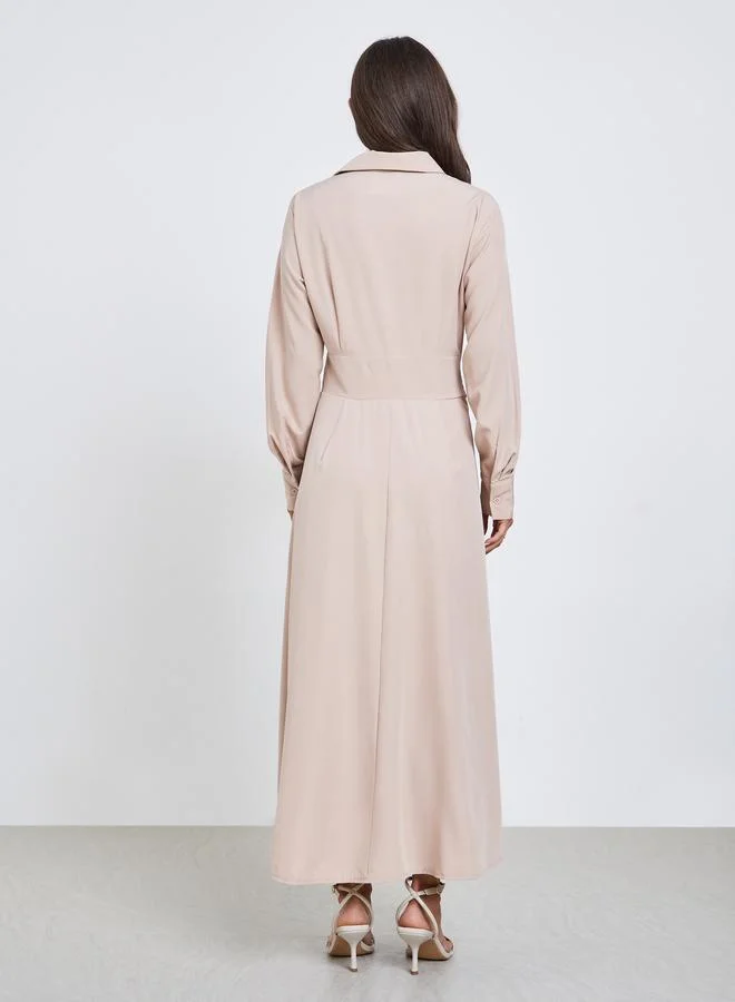 Styli Beige Shirt Maxi Dress with Fold Pleat