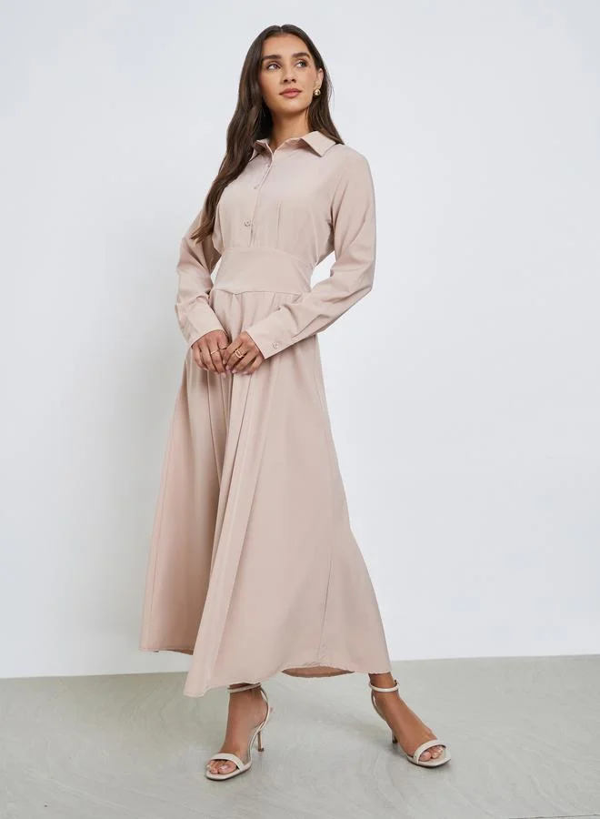 Styli Beige Shirt Maxi Dress with Fold Pleat