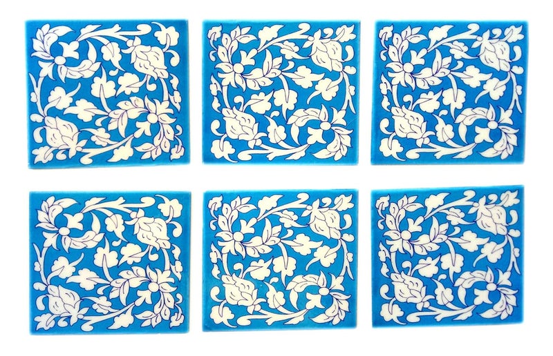 Shiv Kripa Blue Pottery Home Decor Tile Ceramic H Kitchen Washroom Tile Handmade Tabletop Interior Exterior Flooring Wall Tiles 6 x 6 Inch Set of 6 Tiles Multi Color