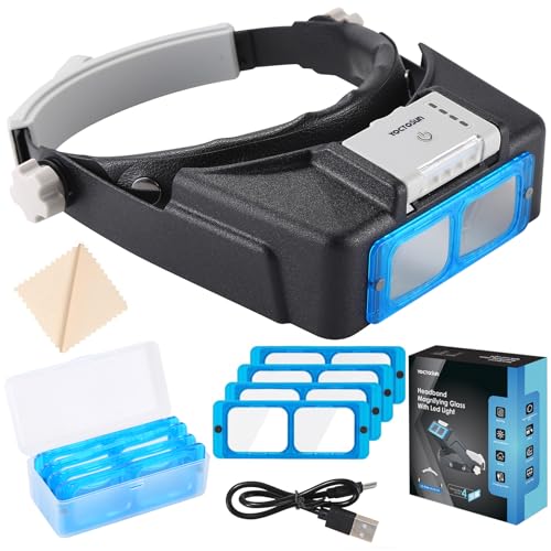 YOCTOSUN Magnifying Glasses with Light for Close Work Rechargeable Headband Magnifier with 4 Lenses 15X35X Hands Free Magnifying Glass Visor for Jewelers Crafts Hobby