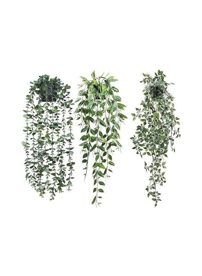Garlo Artificial Hanging Plants, 3 Pack Fake Hanging Plants Fake Potted Greenery Plants Faux Eucalyptus Vine, Mandala Vine in Pot for Home Room Indoor Outdoor Shelf Decor.  - Image 1
