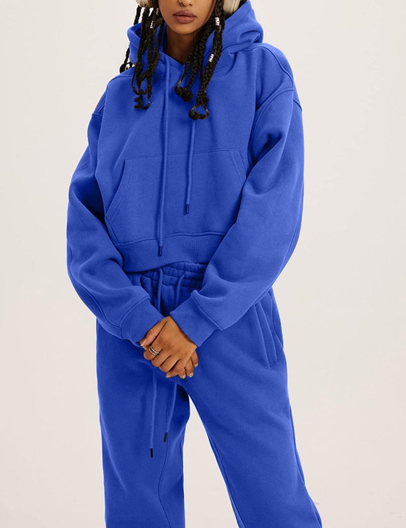 Flygo Womens Fleece 2 Piece Outfits Sweatsuit Crop Pullover Sweatshirt Joggers Pants Tracksuit Set(RoyalBlue-L) - Image 3