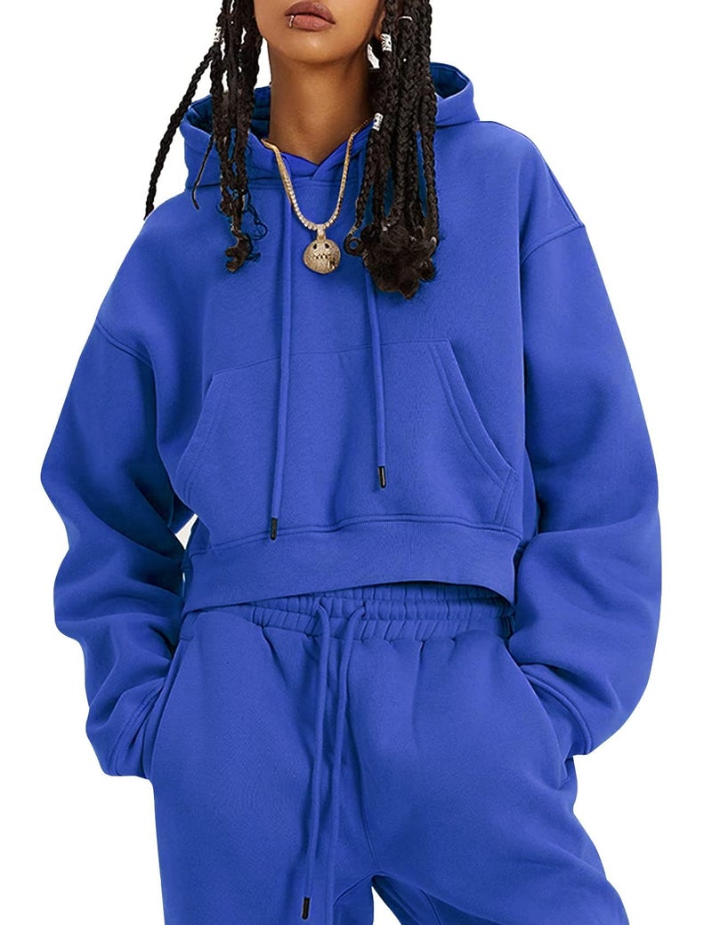 Flygo Womens Fleece 2 Piece Outfits Sweatsuit Crop Pullover Sweatshirt Joggers Pants Tracksuit Set(RoyalBlue-L) - Image 1