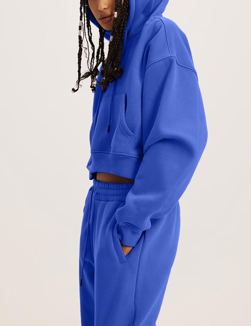Flygo Womens Fleece 2 Piece Outfits Sweatsuit Crop Pullover Sweatshirt Joggers Pants Tracksuit Set(RoyalBlue-L) - Image 5