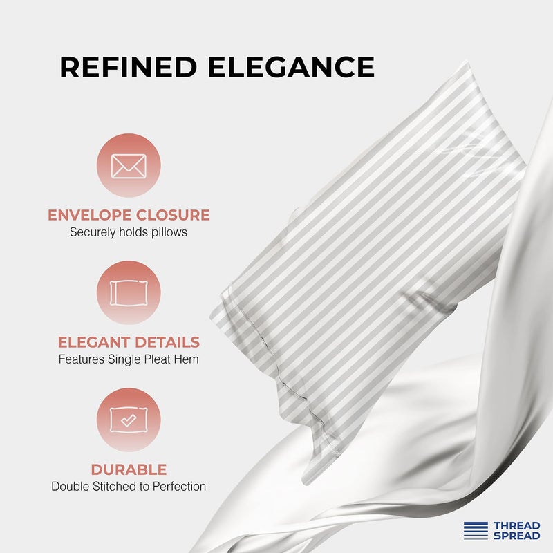 THREAD SPREAD 100% Egyptian Cotton Sheets Queen Size - 1200 Thread Count 4 PC Damask Sheet Set Egyptian Cotton, Sateen Luxury Sheet Queen Size, Soft Sateen Sheets, 17" Deep Pocket - White Stripe - Image 4