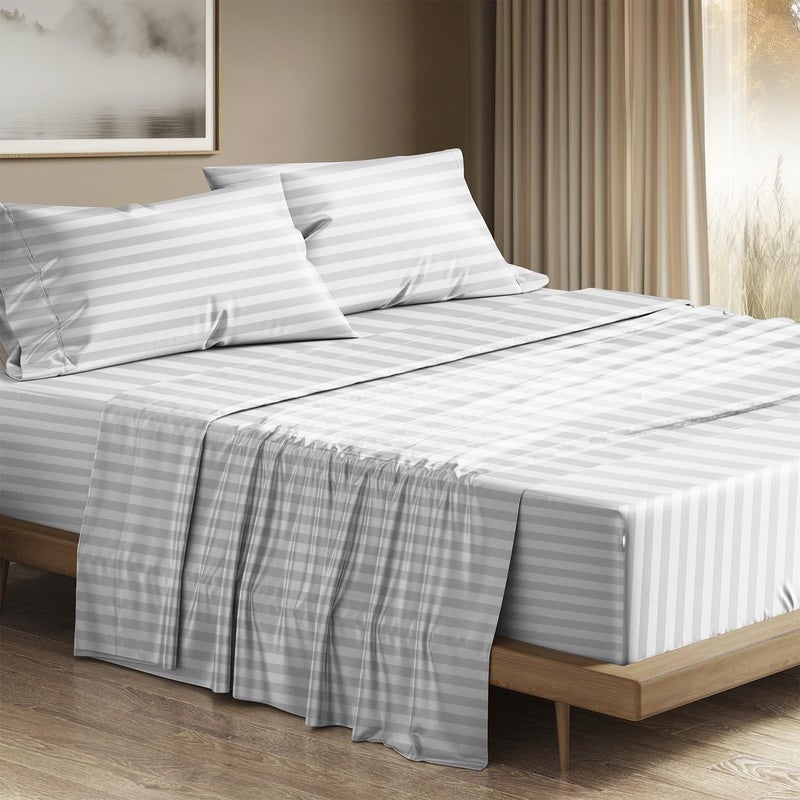 THREAD SPREAD 100% Egyptian Cotton Sheets Queen Size - 1200 Thread Count 4 PC Damask Sheet Set Egyptian Cotton, Sateen Luxury Sheet Queen Size, Soft Sateen Sheets, 17" Deep Pocket - White Stripe - Image 1