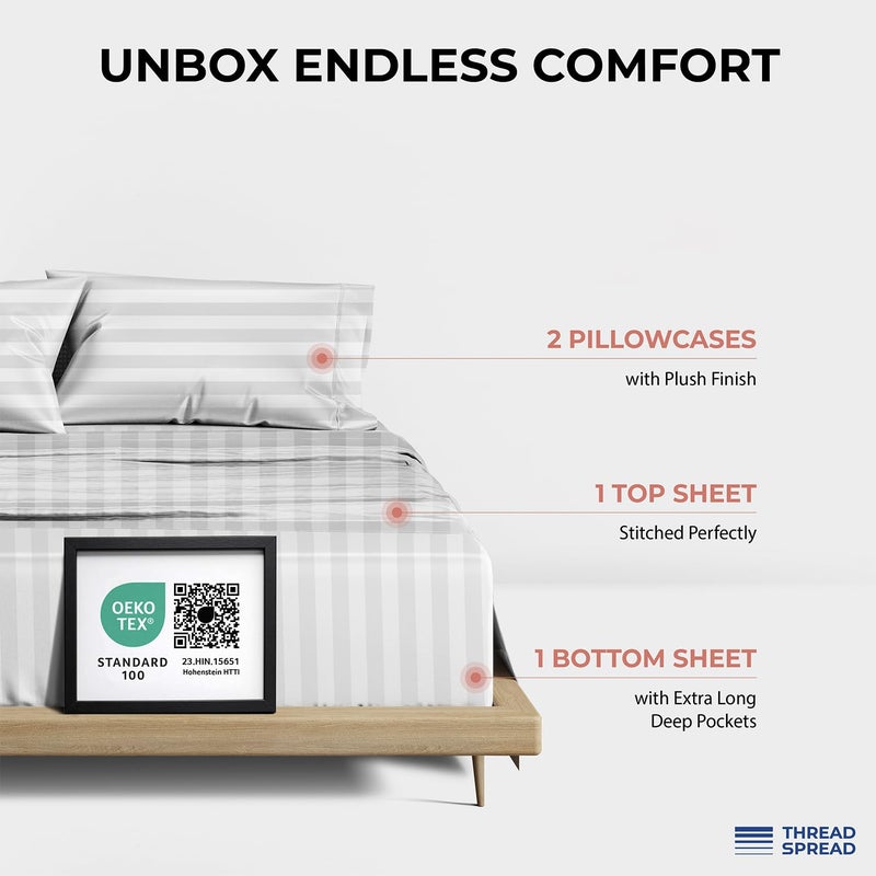THREAD SPREAD 100% Egyptian Cotton Sheets Queen Size - 1200 Thread Count 4 PC Damask Sheet Set Egyptian Cotton, Sateen Luxury Sheet Queen Size, Soft Sateen Sheets, 17" Deep Pocket - White Stripe - Image 3