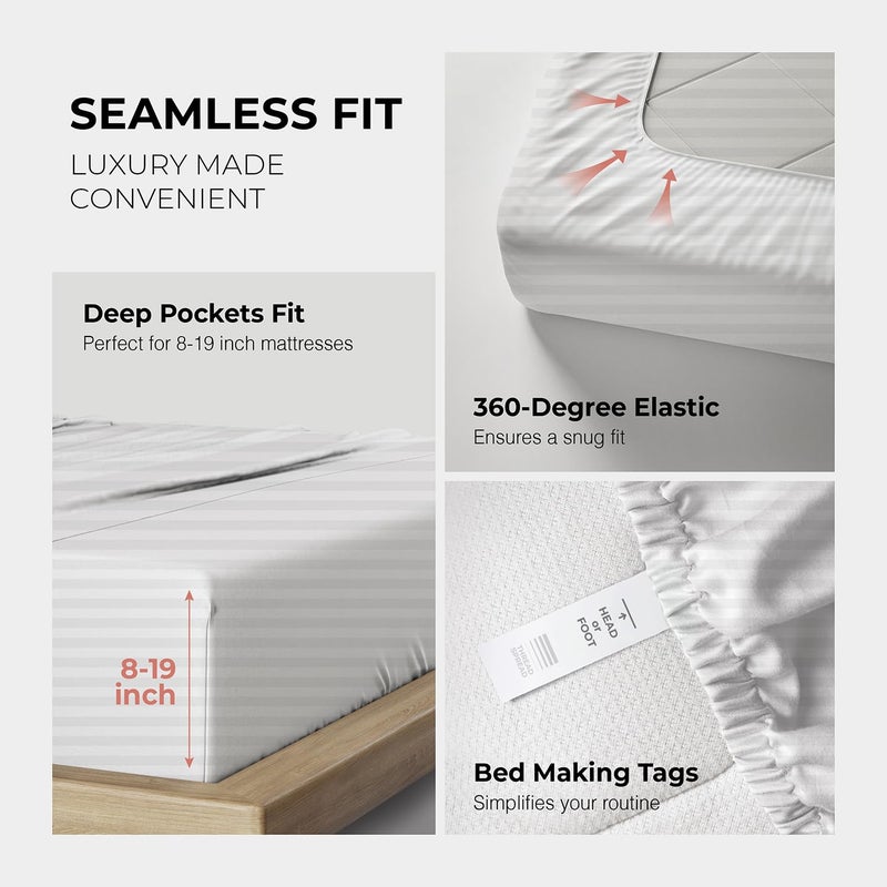 THREAD SPREAD 100% Egyptian Cotton Sheets Queen Size - 1200 Thread Count 4 PC Damask Sheet Set Egyptian Cotton, Sateen Luxury Sheet Queen Size, Soft Sateen Sheets, 17" Deep Pocket - White Stripe - Image 5