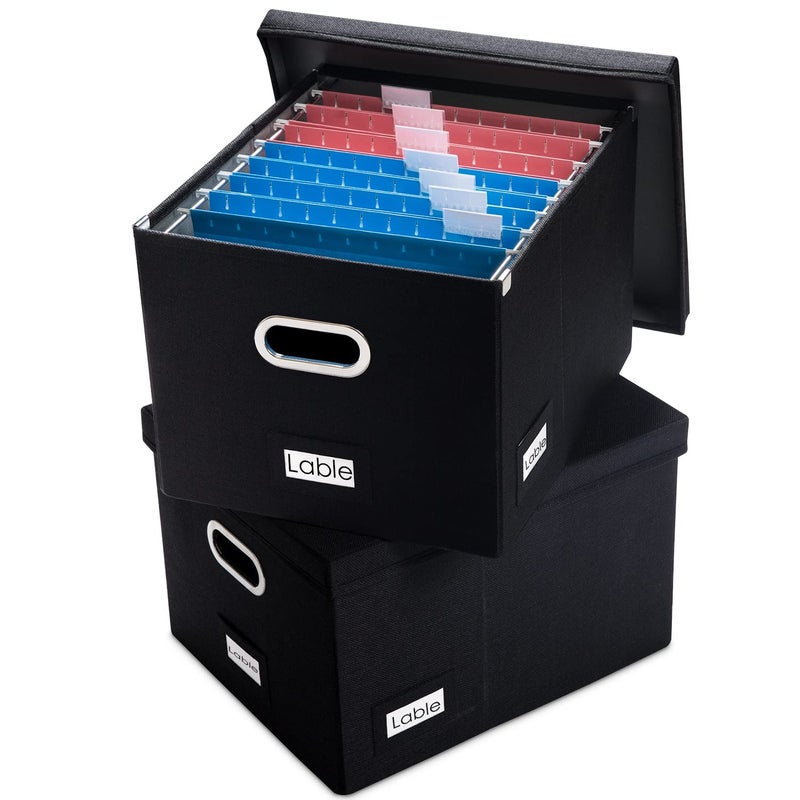 PRANDOM PRANDOM File Organizer Box  Set of 2 Collapsible Decorative Linen Filing Storage Hanging File Folders with Lids Office Cabinet LetterLegal Size Black 17x14x112 inch