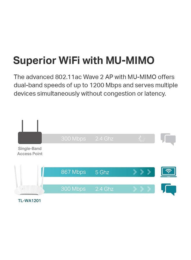 تي بي لينك جهاز نقطة وصول TL-WA1201 AC1200 لاسلكي بالجيجابت ومحول شبكة الواي فاي المكتبي يدعم تقنيتي MU-MIMO والتكوين الشعاعي كما يدعم نقاط الاتصال ومعرف مجموعة الخدمات المتعددة ووضع الاستقبال كلاينت ووضع RE ومزود بعدد 4 هوائيات خارجية ويعمل بتقنية نقل الطاقة عبر الإيثرنت أبيض - Image 2