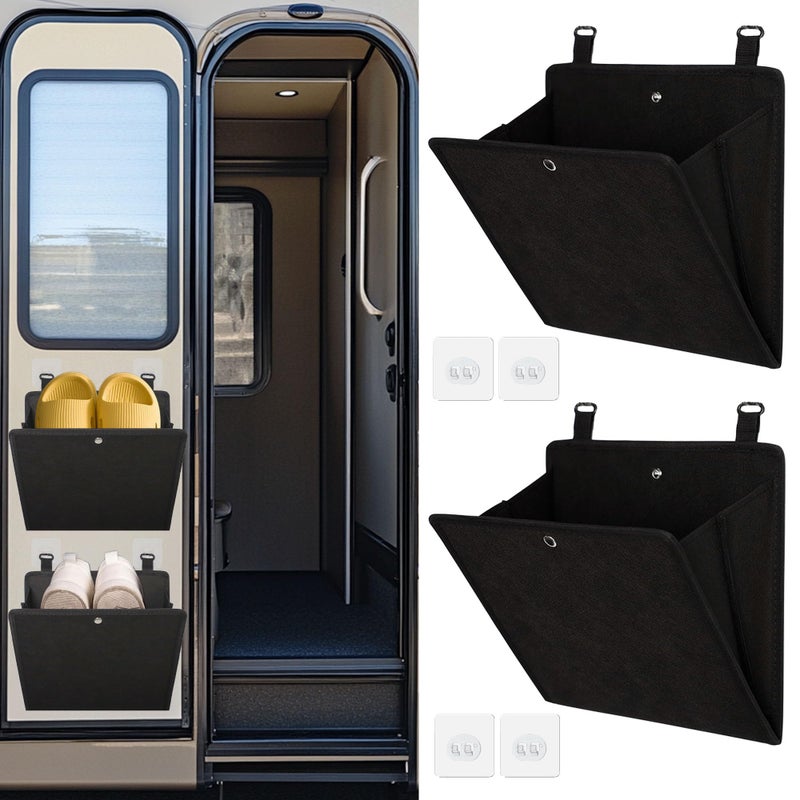 PUGPIU RV Camper Shoe Storage 2 Pack Foldable Wall Mounted Shoe Rack Organizer SelfAdhesive Rv Shoe Holder Space Saving for Camper Essential Home Travel with Deep Pocket Fit 1 Pair Shoes Black - Image 2