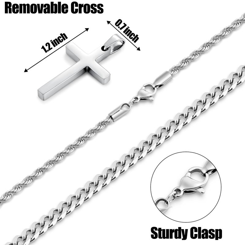 Fiusem Cross Necklace for Men, Silver Tone Mens Cross Necklaces Layered Cross Chain and Stainless Steel Cross Pendant Small, Cuban Link Rope Chain 18in/20in Jewelry Gift - Image 4