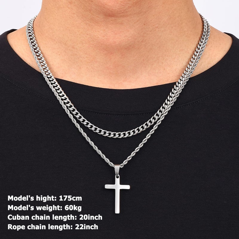 Fiusem Cross Necklace for Men, Silver Tone Mens Cross Necklaces Layered Cross Chain and Stainless Steel Cross Pendant Small, Cuban Link Rope Chain 18in/20in Jewelry Gift - Image 2
