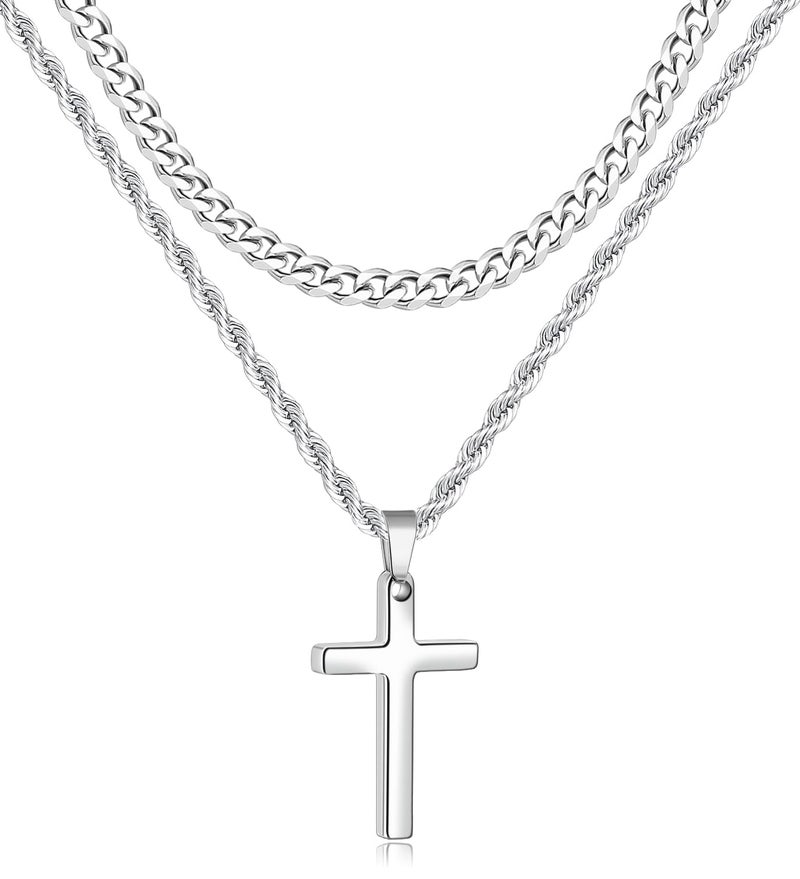 Fiusem Cross Necklace for Men, Silver Tone Mens Cross Necklaces Layered Cross Chain and Stainless Steel Cross Pendant Small, Cuban Link Rope Chain 18in/20in Jewelry Gift - Image 1