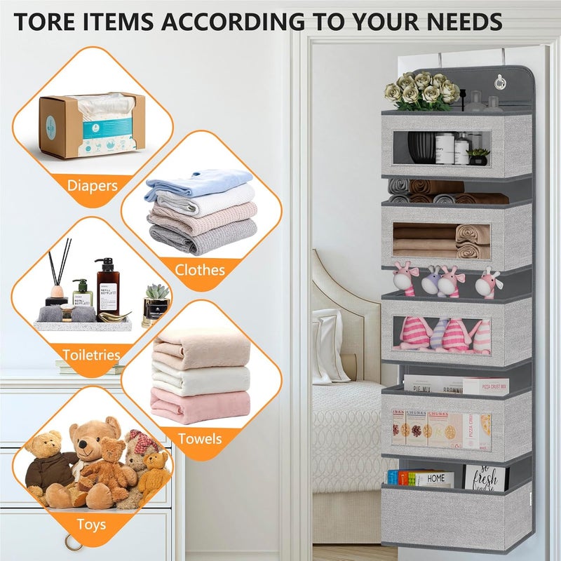 VERONLY Over The Door Hanging Organizer Storage with 5 Large Pockets,Wall Mount Clear Windows and 2 Widened Metal Hooks for Pantry,Nursery,Diapers,Bathroom,Kitchen,Closet,Dorm - Image 4