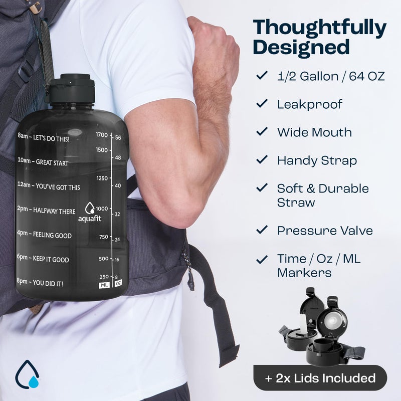 AQUAFIT Half Gallon Water Bottle with Time Marker - Straw & Chug Lid - BPA Free Gym Water Bottle with Straw - Big Gallon Jug (Clarity, 64 oz - 2 Lids) - Image 5