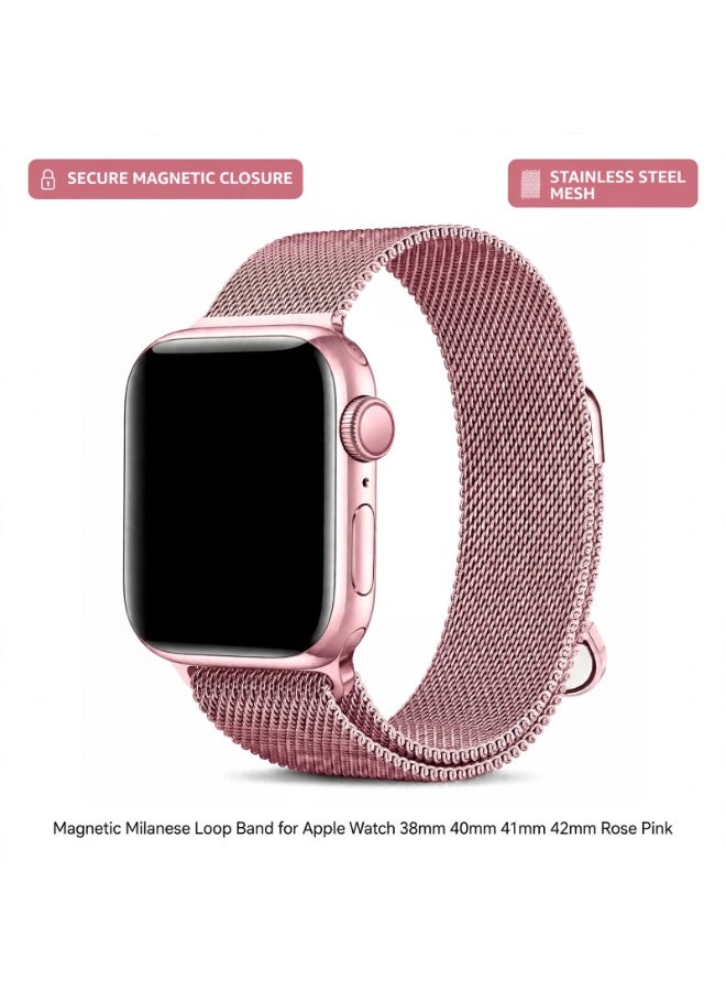 ELTRAZONE Magnetic Milanese Loop Band for Apple Watch Series 11 10 9 8 7 6 5 4 3 2 1 & SE 3 2 1, Stainless Steel Mesh Replacement Wristband with Adjustable Magnetic Closure, 38mm 40mm 41mm 42mm Strap, Rose Pink - Image 1