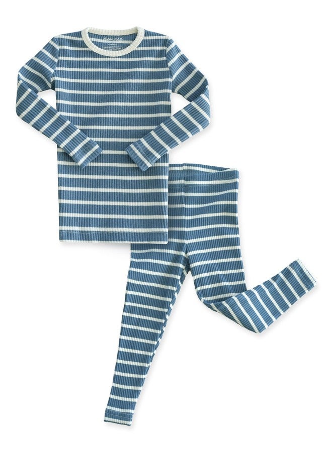 AVAUMA Baby Boys Girls Pajama Set 6M-7T Kids Cute Toddler Snug fit Pjs Cotton Sleepwear (Stripe_Dark Blue/Ivory Large) - Image 1