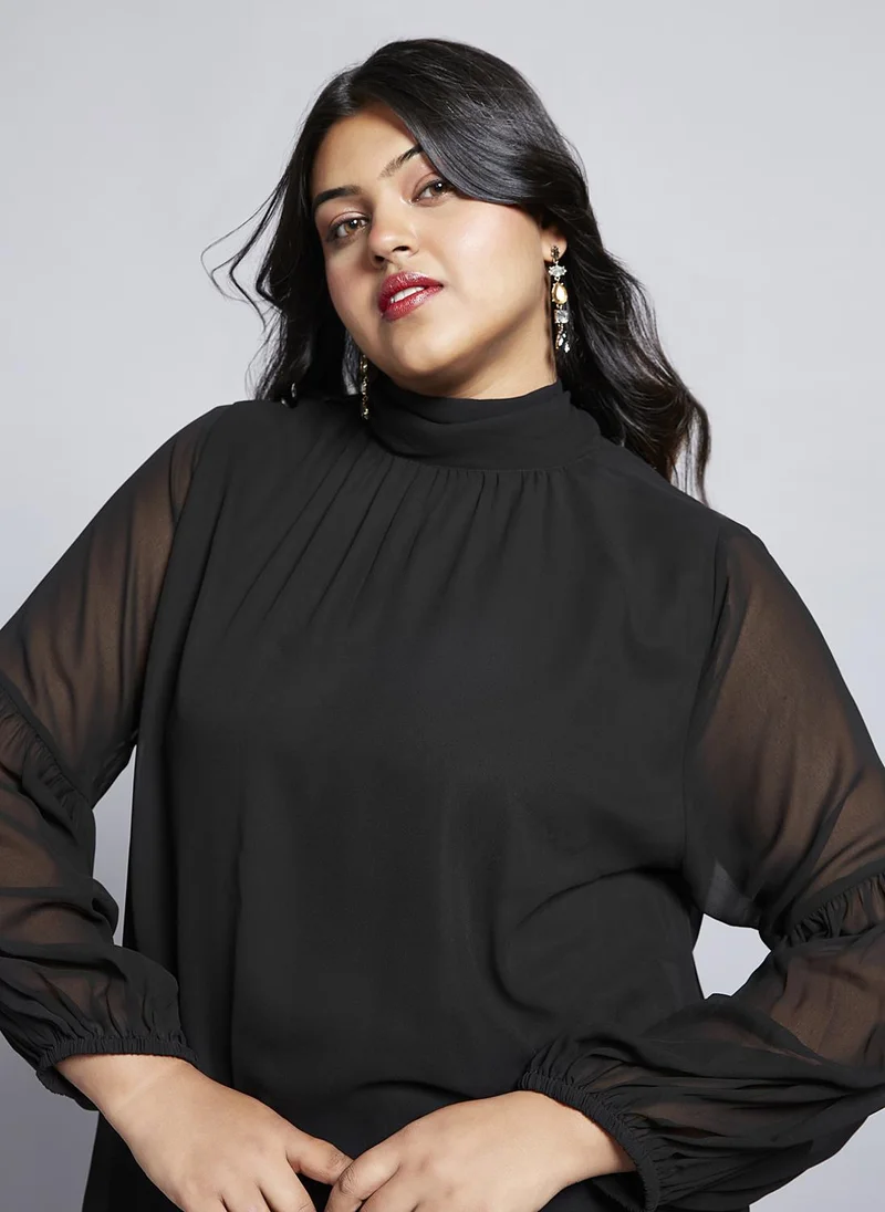 globus Globus Gloplus Women Tie-Up High Neck Bishop Sleeves Georgette Plus Size Workwear Top