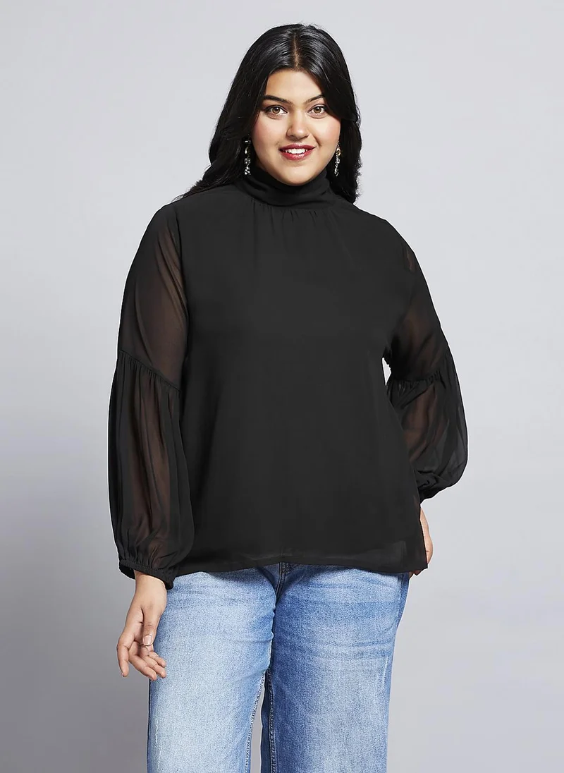 globus Globus Gloplus Women Tie-Up High Neck Bishop Sleeves Georgette Plus Size Workwear Top