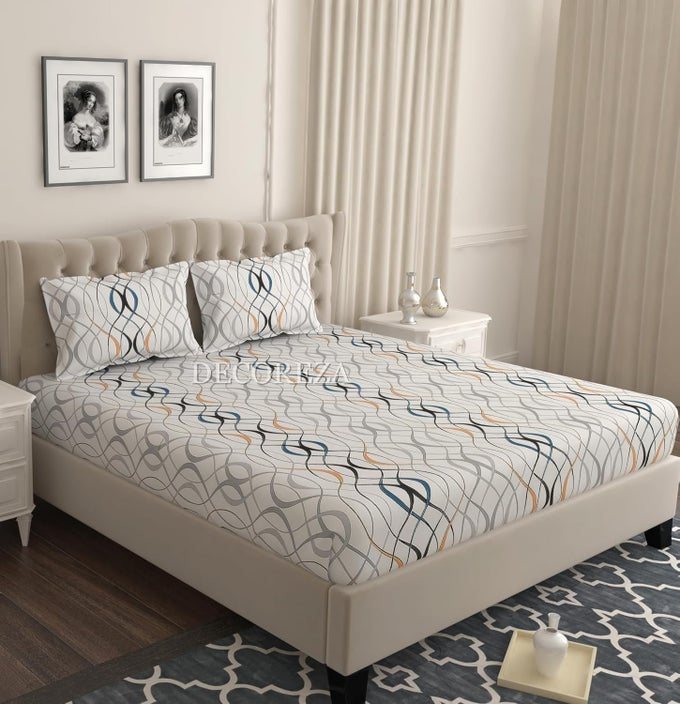 COTTON FEEL ALL AROUND 72 X 78 ELASTIC FITTED BEDSHEETS ELASTIC FITTED BEDSHEETS KING SIZE BEDSHEET FOR DOUBLE BED WITH 2 PILLOW COVERS SIZE 72 X 78 WHITE WAVE