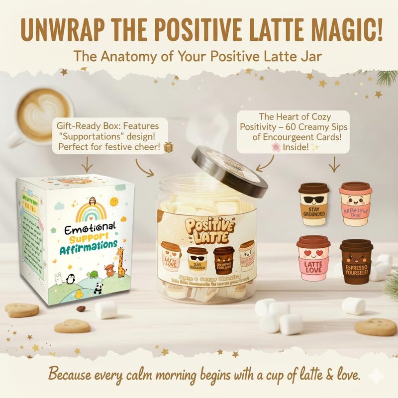Positive Latte Jar with 60 Daily Affirmation Cards, Emotional Support Latte, Funny Present for Coffee Lovers, Latte Lover Set for Women, Inspirational Beverage Decor for Home or Office - Image 4