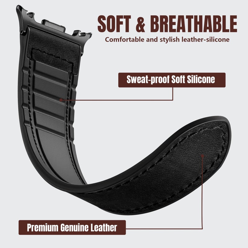 Charlam Magnetic Leather Bands Compatible with Galaxy Watch 8 Band 40mm 44mm, Galaxy Watch 8 Classic Band 46mm, Genuine Leather No Gap Replacement Straps for Samsung Watch 8 Bands Men Women, Black - Image 2