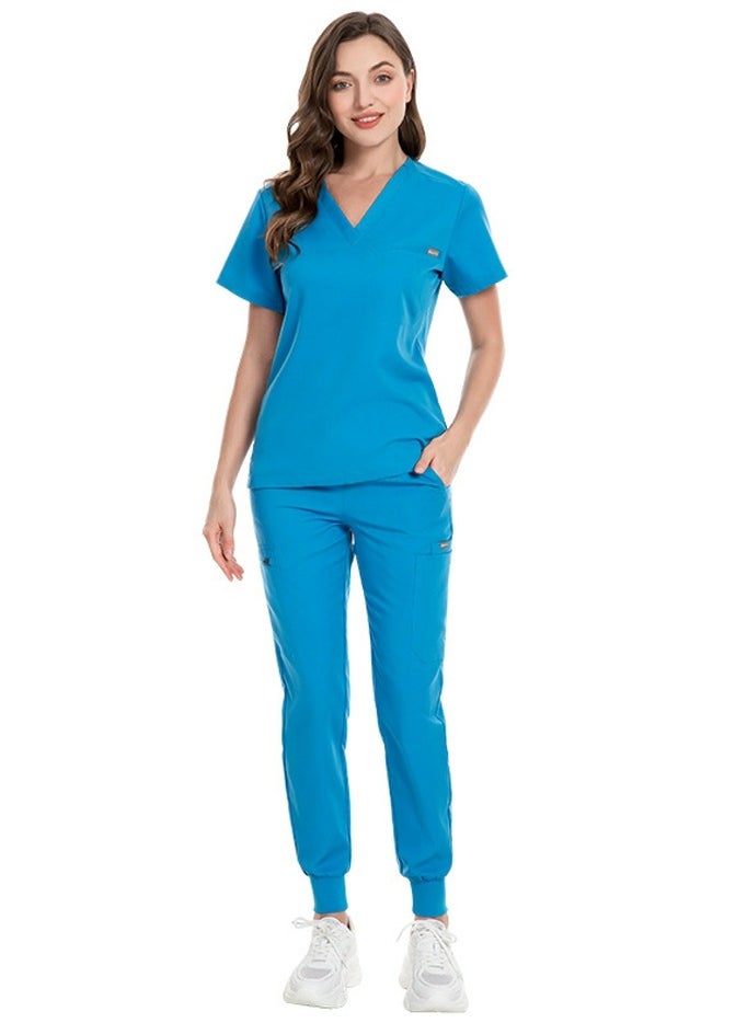 Loquat Unisex Medical Uniform Scrubs 2 Piece Set V-Neck Top and Elastic Waist Jogger Pants Suit Blue  - Image 1