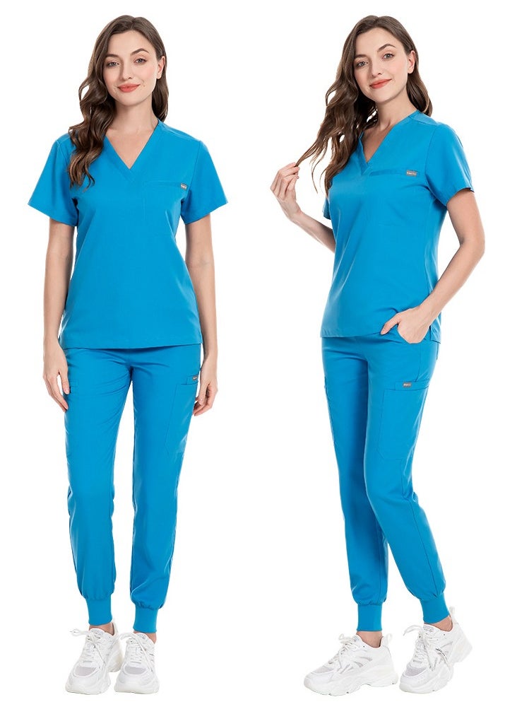 Loquat Unisex Medical Uniform Scrubs 2 Piece Set V-Neck Top and Elastic Waist Jogger Pants Suit Blue  - Image 2