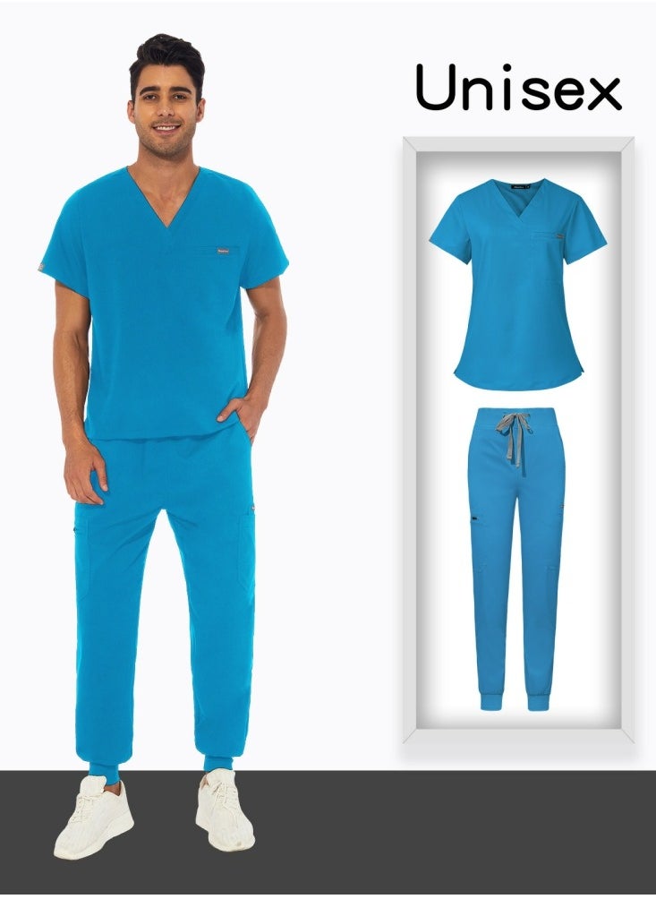 Loquat Unisex Medical Uniform Scrubs 2 Piece Set V-Neck Top and Elastic Waist Jogger Pants Suit Blue  - Image 4