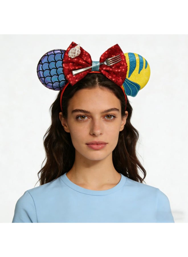 Bmobuo Mermaid Mouse Ears Headband for Women Fish Scales Mouse Ears Sequin Bows Headband Mouse Ears for Adult Park Ears - Image 4