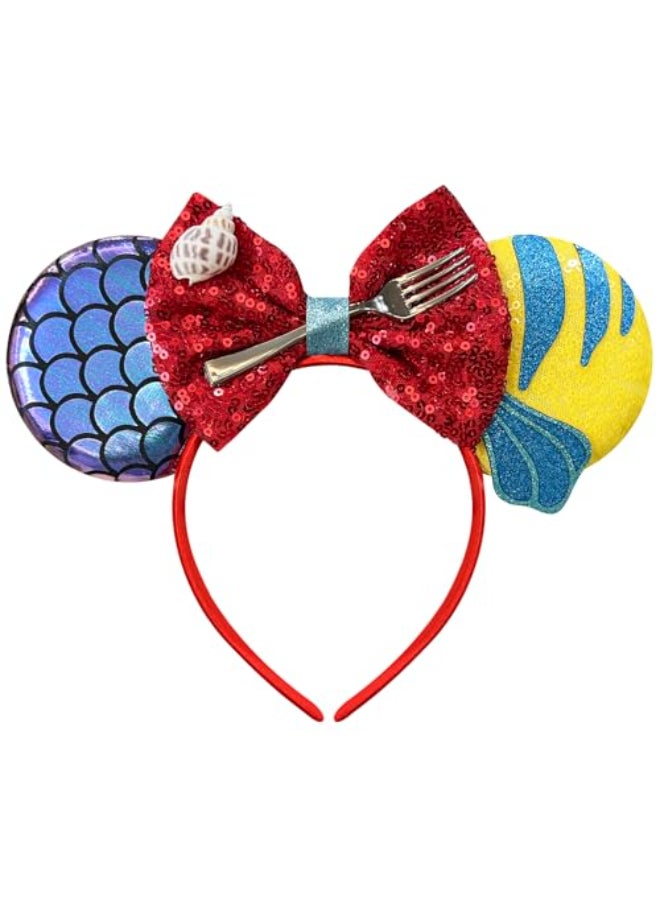 Bmobuo Mermaid Mouse Ears Headband for Women Fish Scales Mouse Ears Sequin Bows Headband Mouse Ears for Adult Park Ears - Image 1