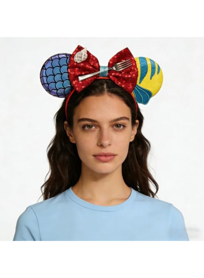 Bmobuo Mermaid Mouse Ears Headband for Women Fish Scales Mouse Ears Sequin Bows Headband Mouse Ears for Adult Park Ears - Image 3