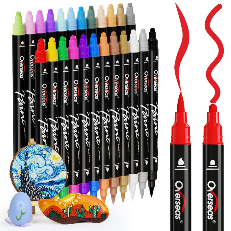 Overseas 24 Dual-Tip Acrylic Paint Markers Pens - Acrylic Paint Pens with Brush and Dot Tip, No Bleeding Coloring Marker for Wood, Rock, Glass, Metal, Ceramic, Plastic, Fabric, Teacher Supplies - Image 1