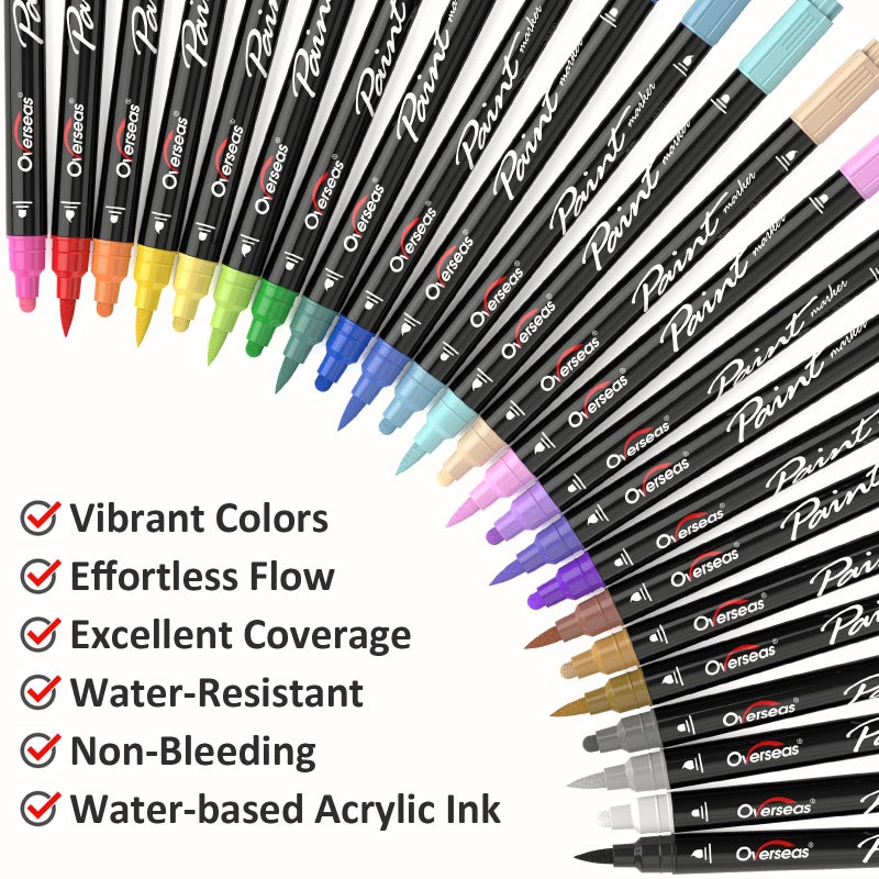 Overseas 24 Dual-Tip Acrylic Paint Markers Pens - Acrylic Paint Pens with Brush and Dot Tip, No Bleeding Coloring Marker for Wood, Rock, Glass, Metal, Ceramic, Plastic, Fabric, Teacher Supplies - Image 2