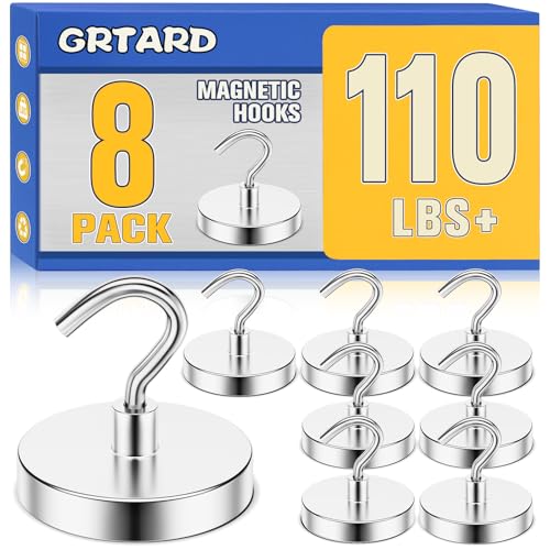 Grtard 110 lbs Magnetic Hooks Heavy Duty, 8 Pack Strong Magnet Hook for Cruise Cabins, Large Magnetic Hooks, Magnets with Hooks for Hanging, Cruise, Curtain, Home, Kitchen, Workplace(Silver) - Image 1