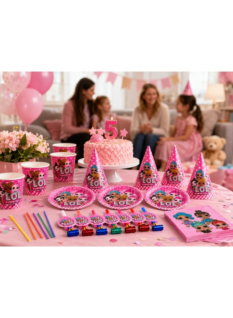 36 Pcs Fashion Doll Theme Kids Party Set, Birthday Party Tableware Kit with Plates, Cups, Tissues, Straws, Party Blowouts and Paper Hats - Image 1
