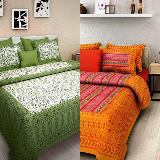 COTTON FLORAL RAJASTHANI JAIPURI DOUBLE BEDSHEETS COMBO SET OF 2 WITH 4 PILLOW COVERS MULTICOLOUR KING SIZE