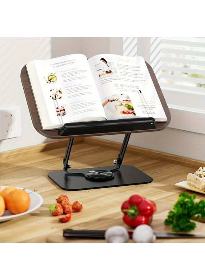 This 360° rotating bookshelf stand, featuring a wooden panel, is versatile and can be used to store cookbooks and books for reading. Its minimalist design makes it ideal for offices and libraries – black wood color - Image 3